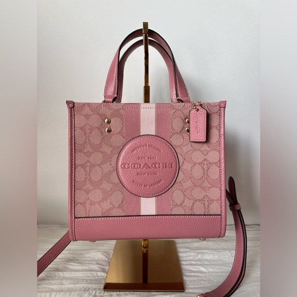 Pink Dempsey Tote Bag 22” in Signature Jacuard with Stripe and Coach Patch - Picture 1 of 14